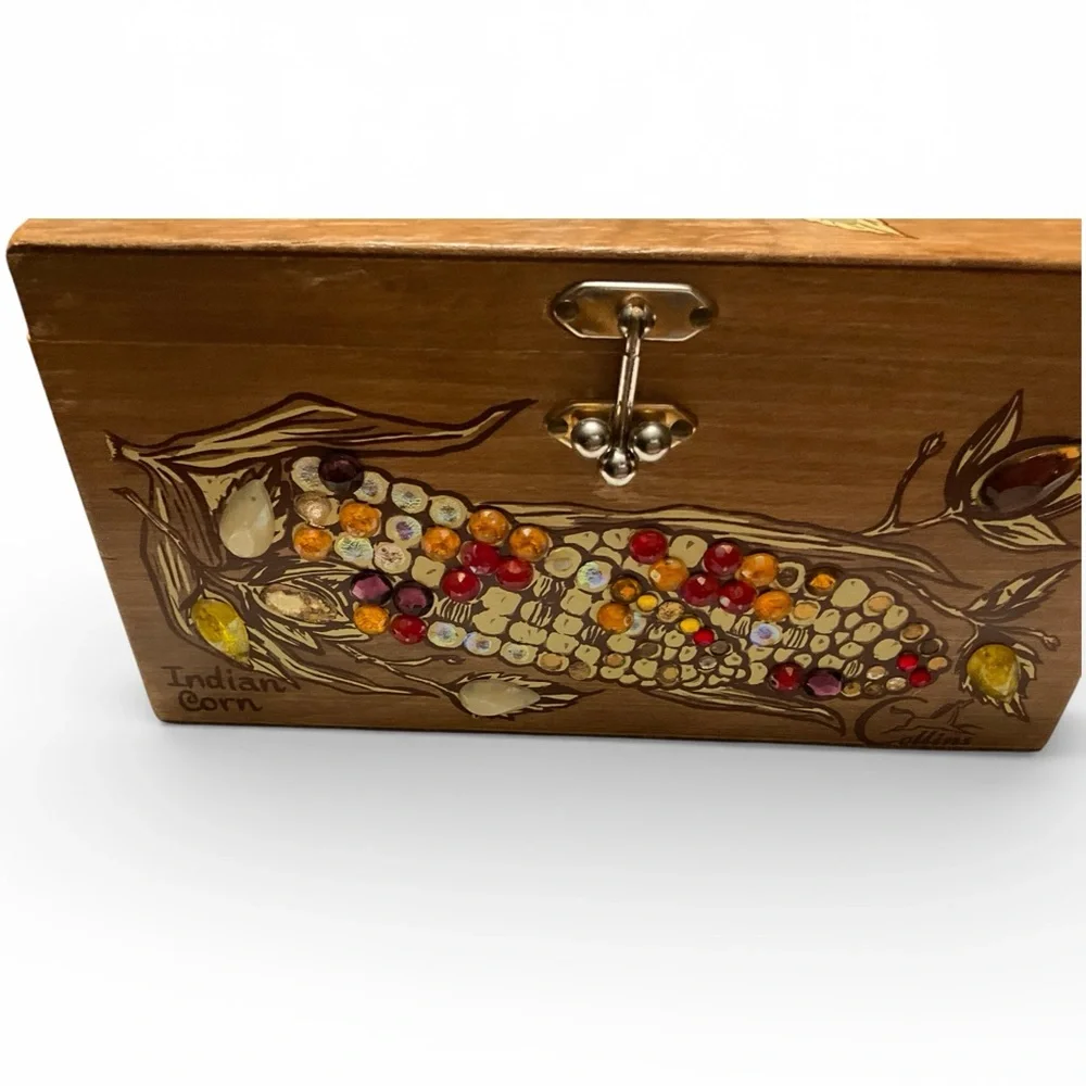 Vintage Enid Collins Texas Indian Corn Wood Box Purse Signed Mirror Inside - Picture 11 of 16